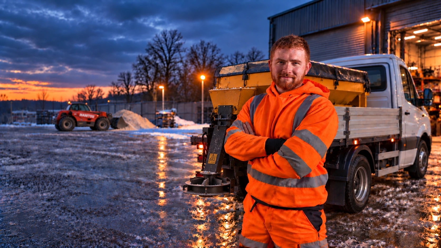 Henry of Comix Engineering in orange hi-vis beside a white gritter truck with a rear spinner, with a Manitou telehandler pushing salt in the winter yard at dusk