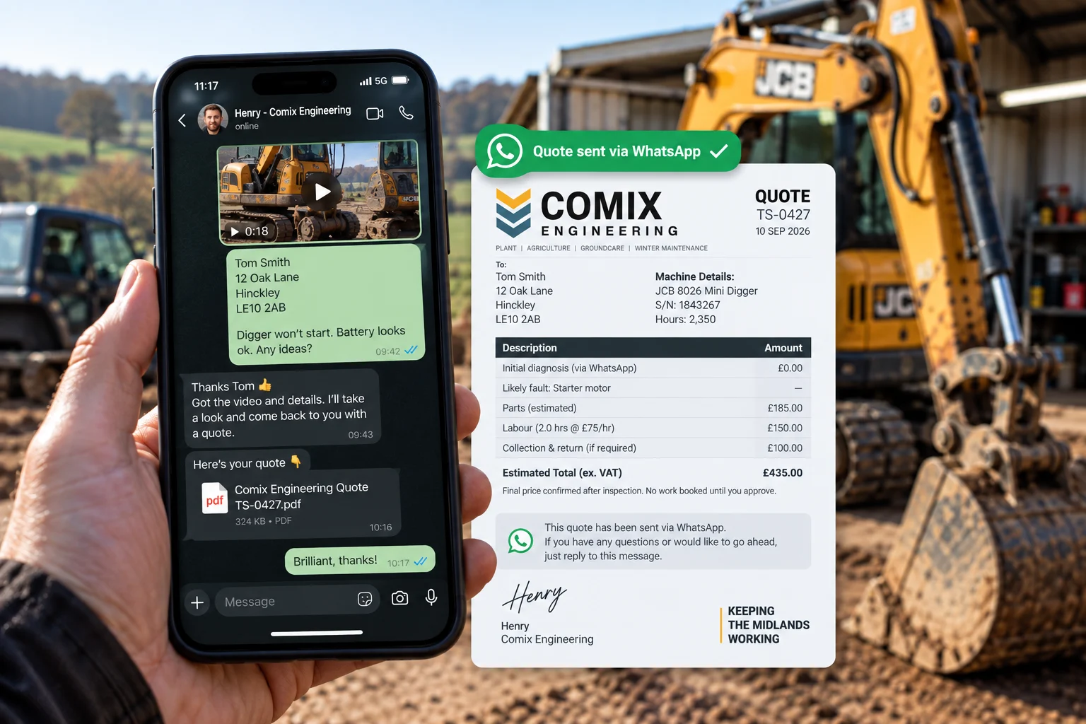Henry's WhatsApp chat on a phone beside a Comix Engineering quote for a JCB mini digger, showing the likely fault, parts, labour and collection costs
