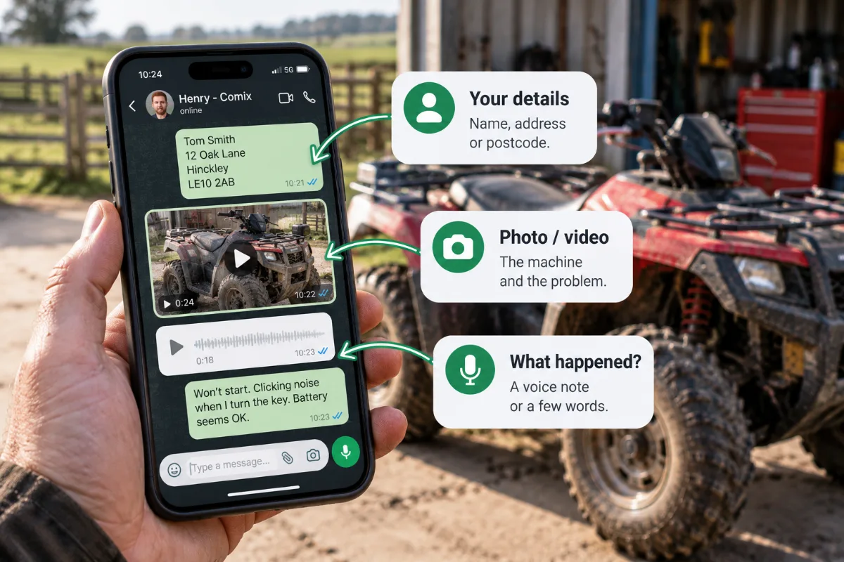 A WhatsApp message to Henry with the customer's details, a video of the quad and a voice note