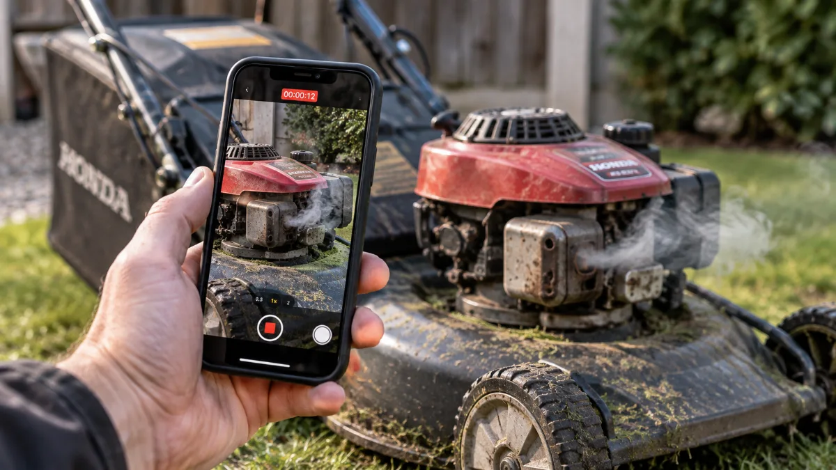 Filming a smoking mower engine on a phone