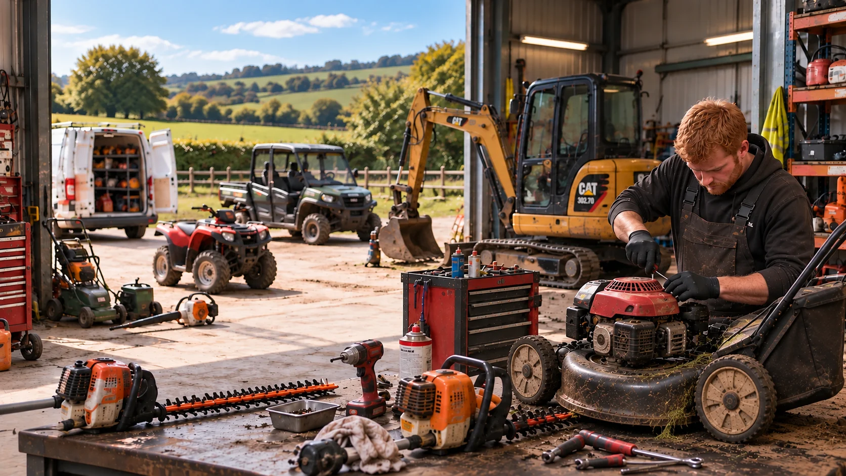 Henry servicing a petrol mower on the bench at the Comix Engineering workshop in Peckleton, with a CAT mini excavator, a UTV, a quad, strimmers and hedge cutters in for repair