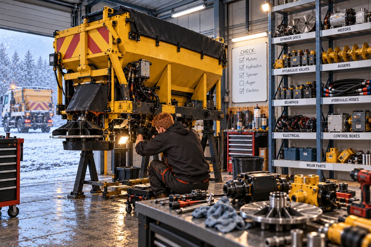 Spreader components — spinner discs, motors, hydraulic valves and augers in the workshop