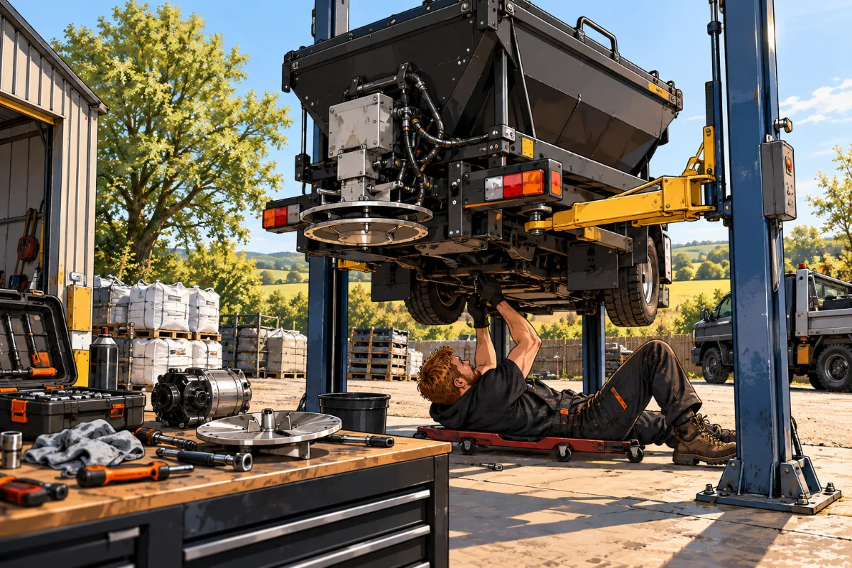 Spreader and vehicle on the ramp for pre-season servicing in summer