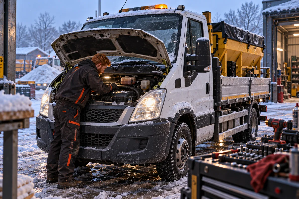 Work under the bonnet of the flatbed carrying a spreader, in the snow