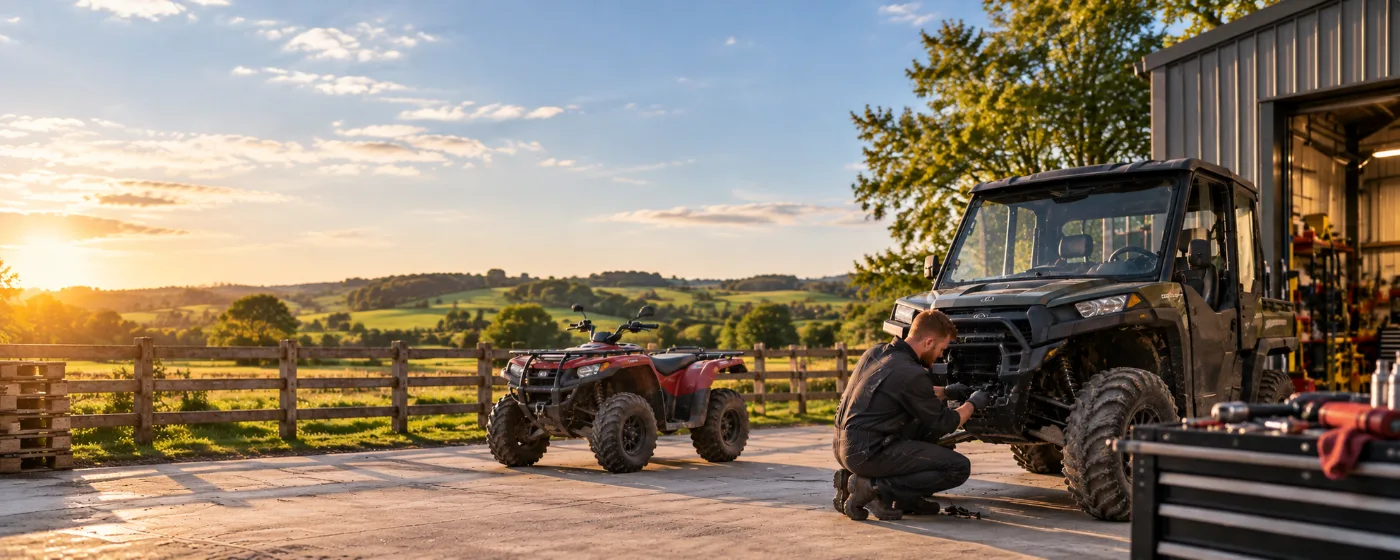 Henry working on the front end of a utility vehicle outside the workshop, with a quad parked alongside