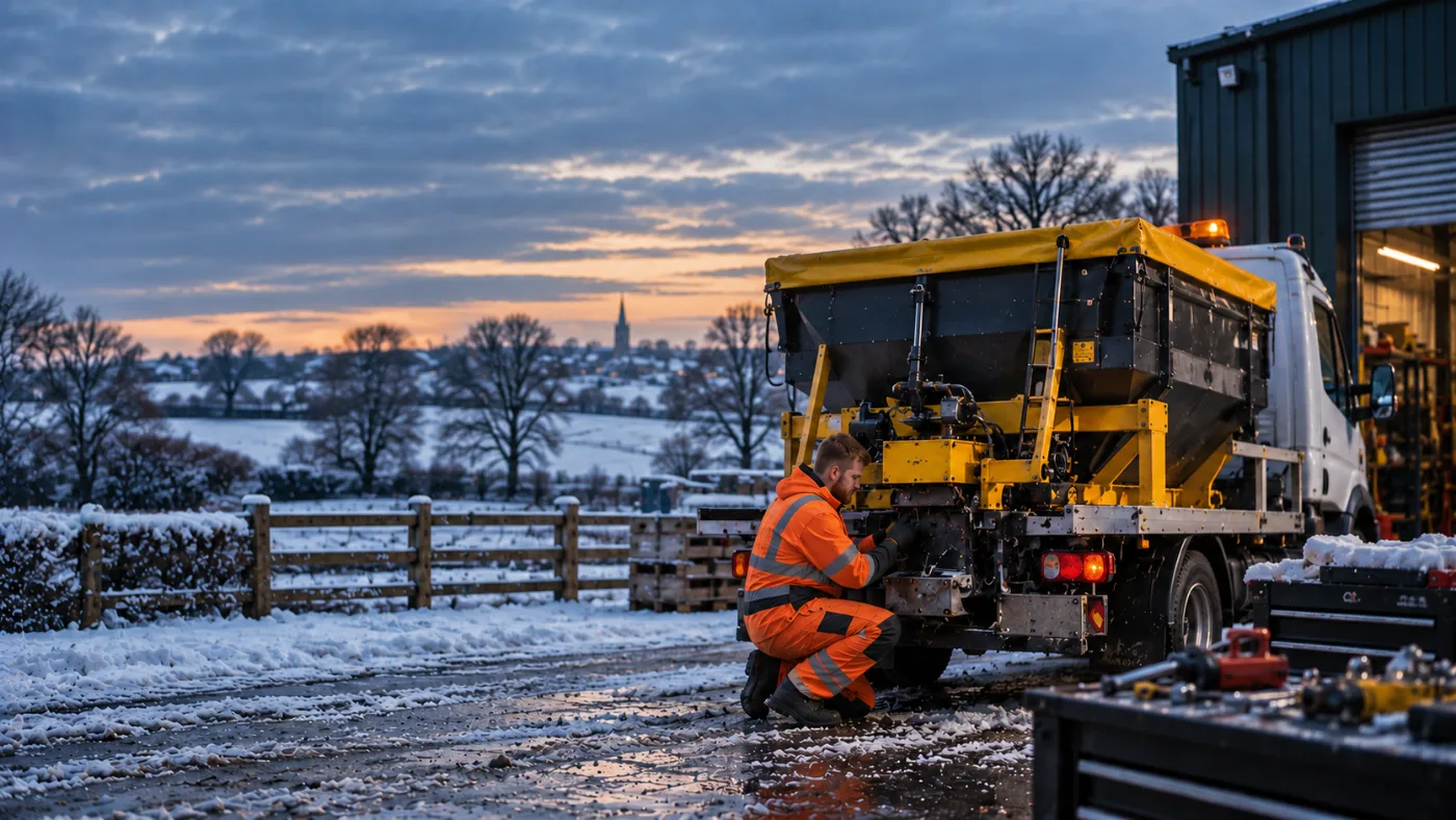 Henry working on a truck-mounted gritter spreader outside the workshop at dusk in the snow